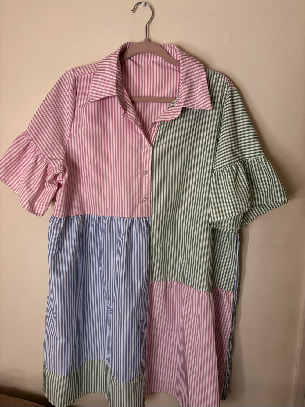 Striped Patchwork Short Sleeve women’s Dress in Pink, Blue & Green
